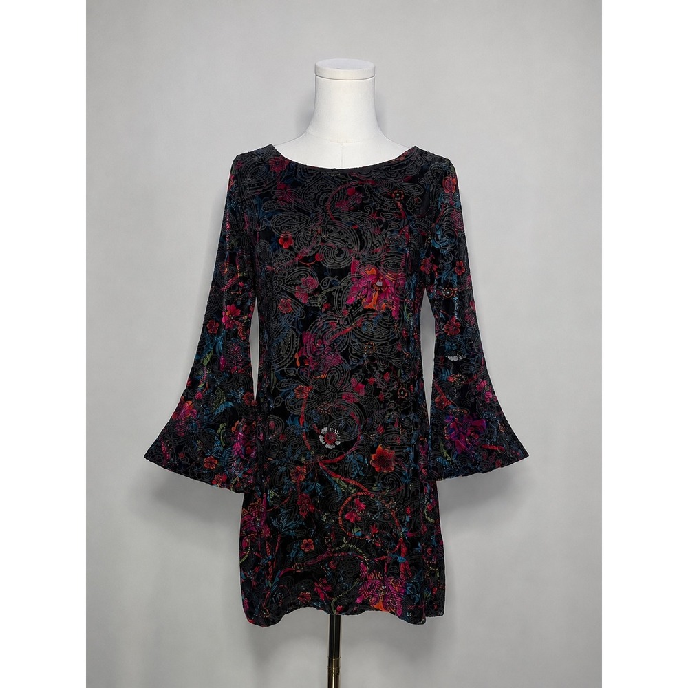 Burnout Velvet Floral Bell Sleeve Mini Dress XL ECI New York